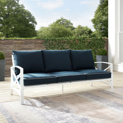 Kaplan Outdoor Sofa in White Steel & Navy Blue Cushions