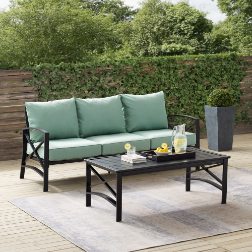 Kaplan 2 Piece Outdoor Sofa & Coffee Table Set in Oil Rubbed Bronze & Mist Cushions