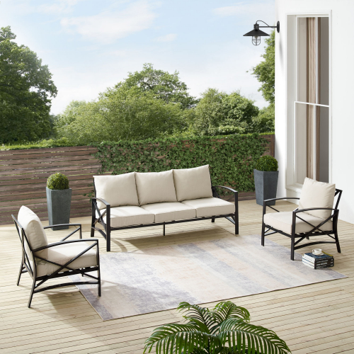 Kaplan 3 Piece Outdoor Sofa & 2 Arm Chairs Set in Oil Rubbed Bronze & Oatmeal Cushions
