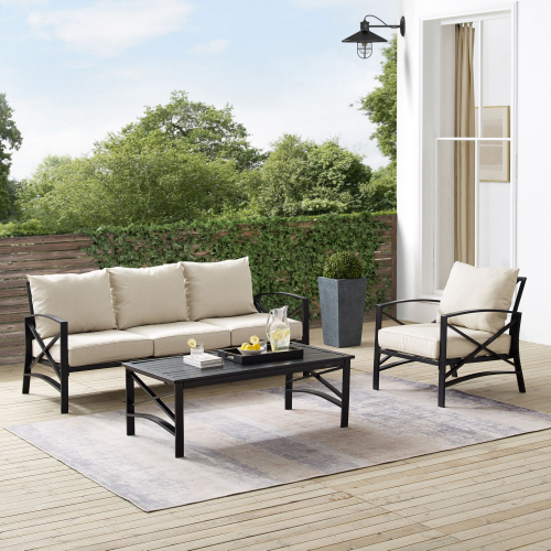 Kaplan 3 Piece Outdoor Sofa Set in Oil Rubbed Bronze & Oatmeal Cushions