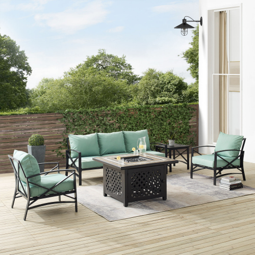 Kaplan 5 Piece Outdoor Sofa & Tucson Fire Table Set in Oil Rubbed Bronze & Mist