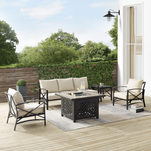 Kaplan 5 Piece Outdoor Sofa & Tucson Fire Table Set in Oil Rubbed Bronze & Oatmeal