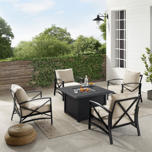 Kaplan 5 Piece Outdoor 4 Arm Chair & Dante Fire Table Set in Oil Rubbed Bronze & Oatmeal