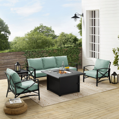 Kaplan 5 Piece Outdoor Sofa & Dante Fire Table Set in Oil Rubbed Bronze & Mist