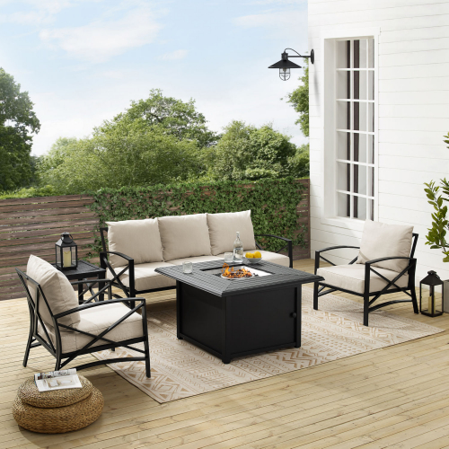 Kaplan 5 Piece Outdoor Sofa & Dante Fire Table Set in Oil Rubbed Bronze & Oatmeal