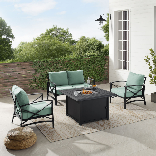 Kaplan 4 Piece Outdoor Loveseat & Dante Fire Table Set in Oil Rubbed Bronze & Mist