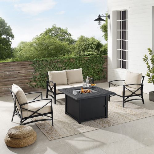 Kaplan 4 Piece Outdoor Loveseat & Dante Fire Table Set in Oil Rubbed Bronze & Oatmeal