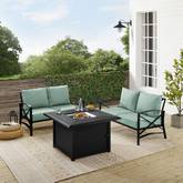 Kaplan 3 Piece Outdoor 2 Loveseats & Dante Fire Table Set in Oil Rubbed Bronze & Mist