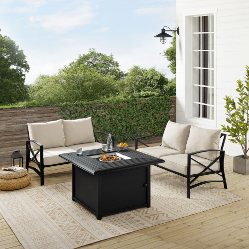 Kaplan 3 Piece Outdoor 2 Loveseats & Dante Fire Table Set in Oil Rubbed Bronze & Oatmeal