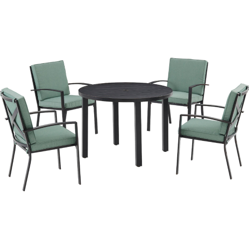Kaplan 5 Piece Outdoor Round Dining Set in Oil Rubbed Bronze & Mist Fabric