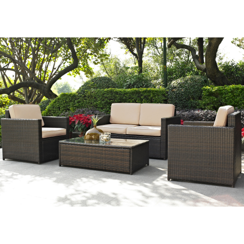 Palm Harbor 4 Piece Outdoor Loveseat Set in Resin Wicker with Sand Cushions