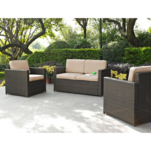 Palm Harbor 3 Piece Outdoor Loveseat & 2 Arm Chair Set in Resin Wicker w/ Sand Cushions