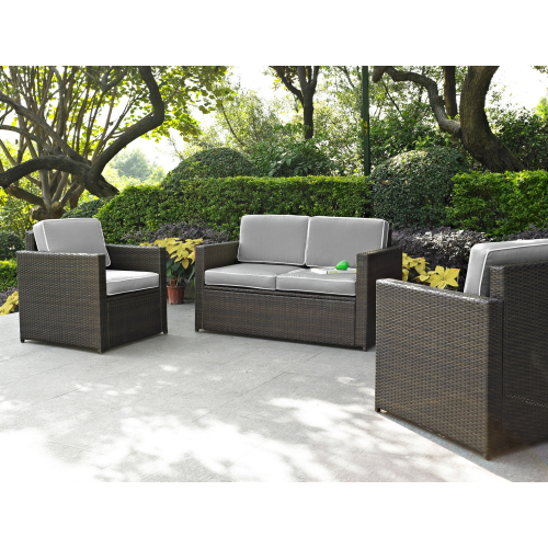 Palm Harbor 3 Piece Outdoor Loveseat & 2 Arm Chair Set in Resin Wicker w/ Grey Cushions