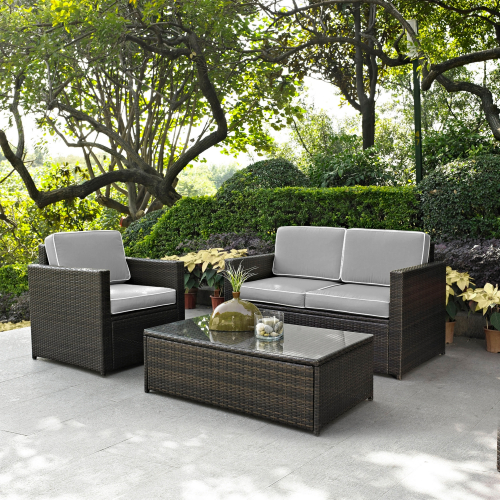 Palm Harbor 3 Piece Outdoor Loveseat Set in Resin Wicker w/ Grey Cushions