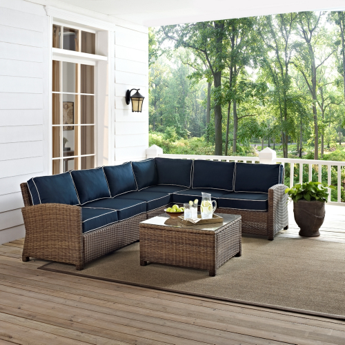 Bradenton 5 Piece Outdoor Sectional Sofa Set in Resin Wicker & Navy Blue Cushions