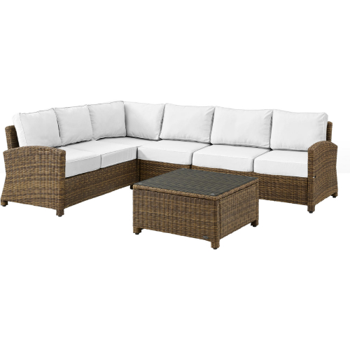 Bradenton 5 PC Outdoor Sectional Sofa Set in Weathered Resin Wicker & White Sunbrella