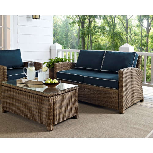 Bradenton Outdoor Loveseat in Resin Wicker & Navy Blue Cushions