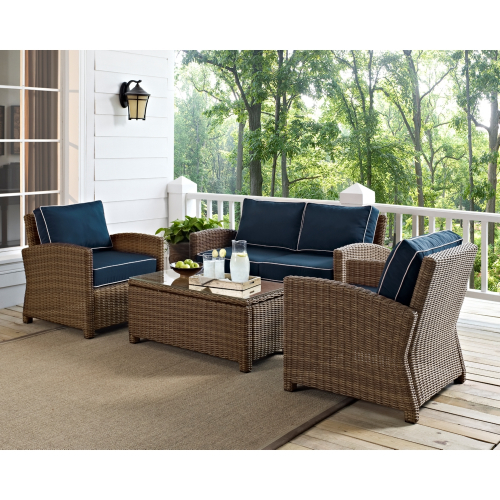 Bradenton Outdoor 4 Piece Loveseat Set in Resin Wicker & Navy Blue Cushions