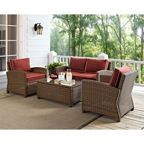 Bradenton Outdoor 4 Piece Loveseat Set in Resin Wicker & Sangria Cushions