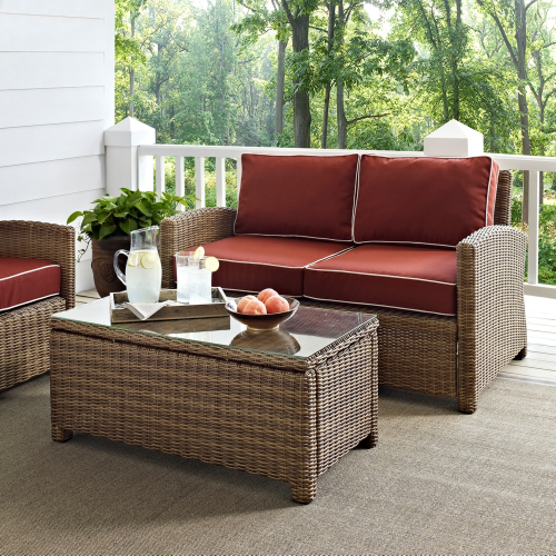 Bradenton 2 Piece Outdoor Loveseat Set in Resin Wicker & Sangria Cushions