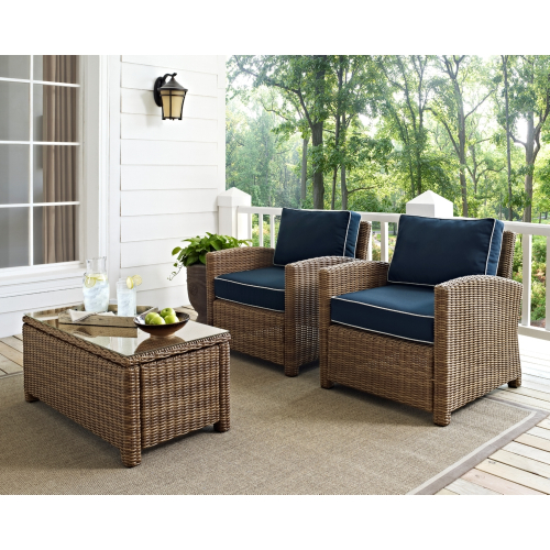 Bradenton 2 Piece Outdoor Arm Chair Set in Resin Wicker & Navy Blue Cushions