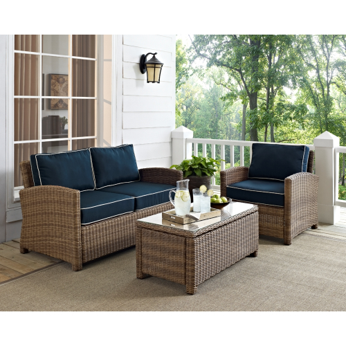 Bradenton 3 Piece Outdoor Loveseat Set in Resin Wicker & Navy Blue Cushions