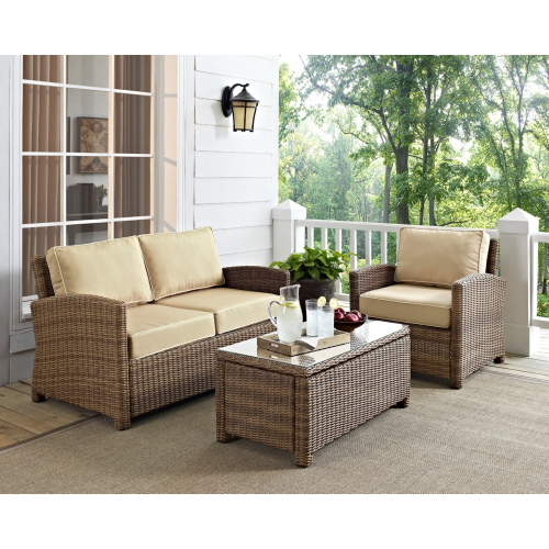 Bradenton 3 Piece Outdoor Loveseat Set in Resin Wicker & Sand Cushions