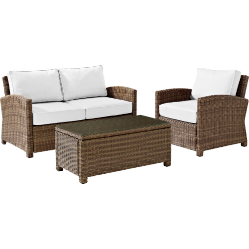 Bradenton 3 PC Outdoor Loveseat Set in Weathered Resin Wicker w/ White Sunbrella