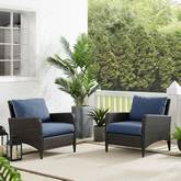 Kiawah 2 Piece Outdoor Arm Chair Set in Resin Wicker & Blue Cushions