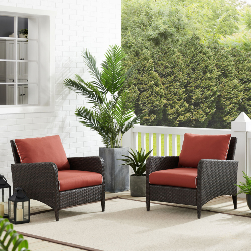 Kiawah 2 Piece Outdoor Arm Chair Set in Resin Wicker & Sangria Cushions