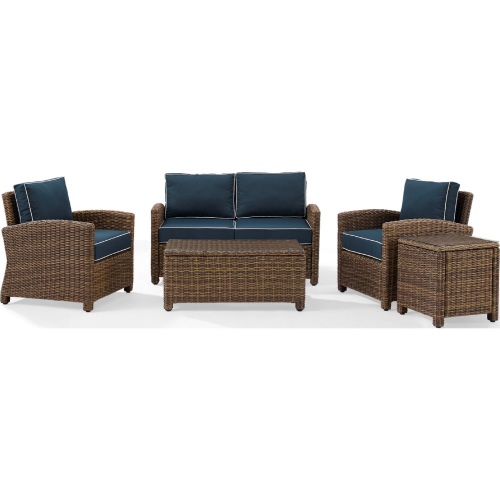 Bradenton 5 Piece Outdoor Loveseat Set in Resin Wicker & Navy Blue Cushions