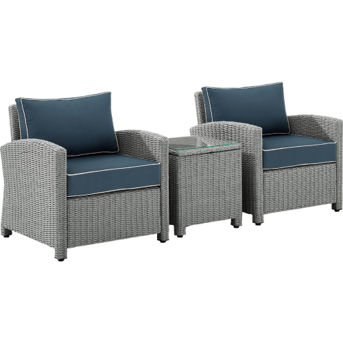 Bradenton 3 Piece Outdoor Accent Arm Chair Set in Resin Wicker & Gray Fabric