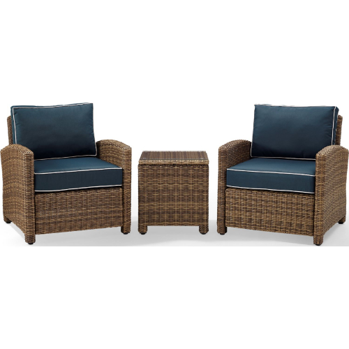 Bradenton 3 Piece Outdoor Arm Chair Set in Resin Wicker & Navy Blue Cushions