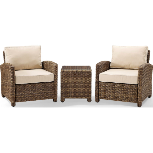 Bradenton 3 Piece Outdoor Arm Chair Set in Resin Wicker & Sand Cushions