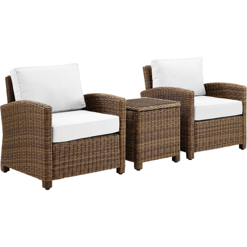 Bradenton 3 PC Outdoor Arm Chair Set in Weathered Resin Wicker w/ White Sunbrella