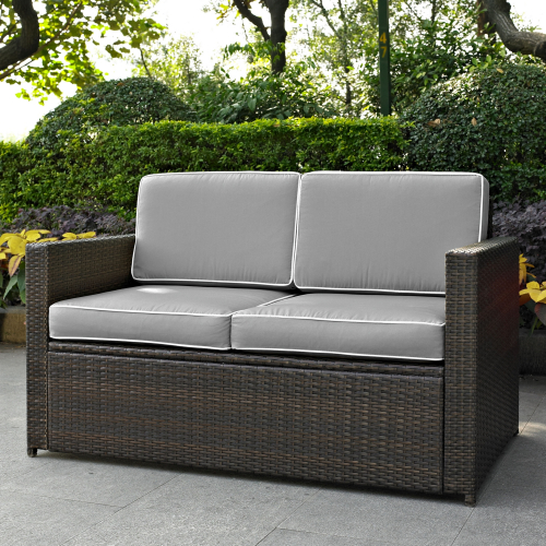 Palm Harbor Outdoor Loveseat in Brown Resin Wicker w/ Grey Cushions