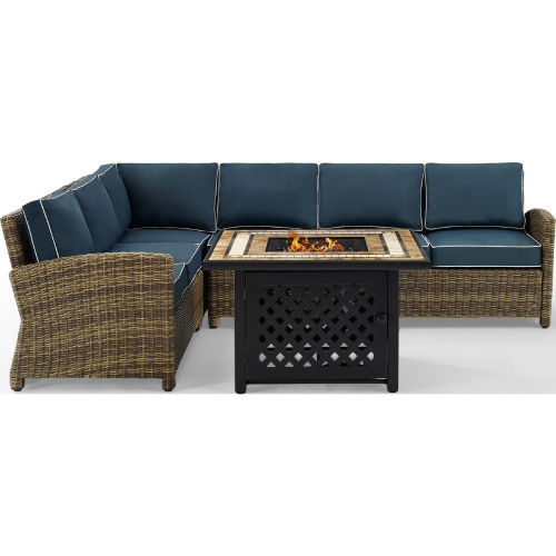 Bradenton 5 Piece Outdoor Sectional Sofa Set in Resin Wicker & Navy Blue Cushions