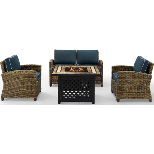 Bradenton 4 Piece Outdoor Loveseat Set in Resin Wicker & Navy Blue Cushions