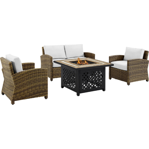 Bradenton 4 PC Outdoor Loveseat Set & Fire Table in Resin Wicker & White Sunbrella