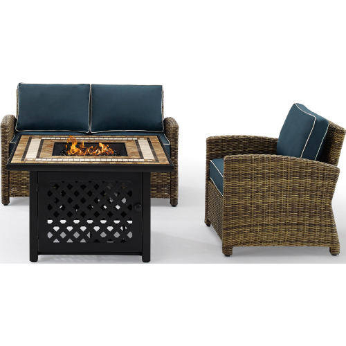 Bradenton 3 PC Outdoor Loveseat w/ Fire Table Set in Resin Wicker & Navy Blue Cushions