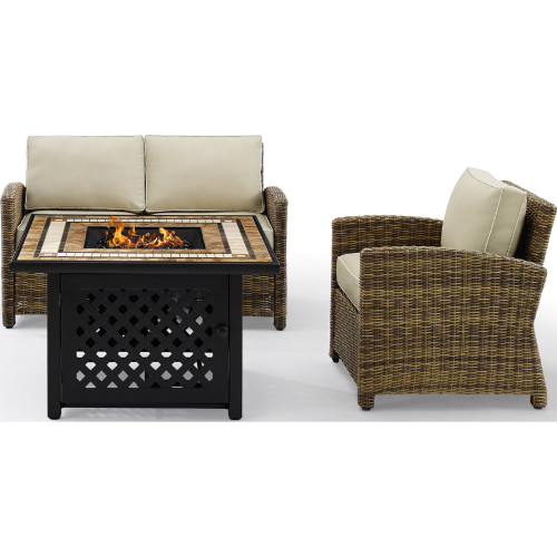 Bradenton 3 PC Outdoor Loveseat w/ Fire Table Set in Resin Wicker & Sand Cushions