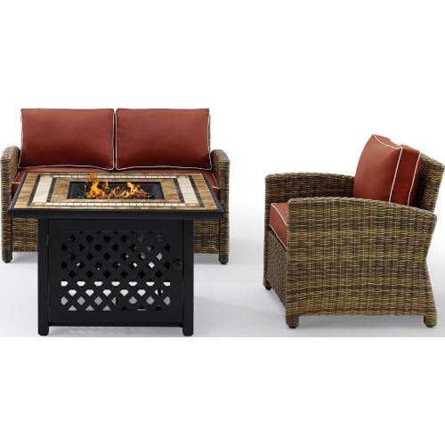 Bradenton 3 PC Outdoor Loveseat with Fire Table Set in Resin Wicker & Sangria Cushions