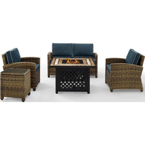 Bradenton 5 Piece Outdoor Loveseat Set in Resin Wicker & Navy Blue Cushions