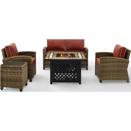 Bradenton 5 Piece Outdoor Loveseat Set in Resin Wicker & Sangria Cushions