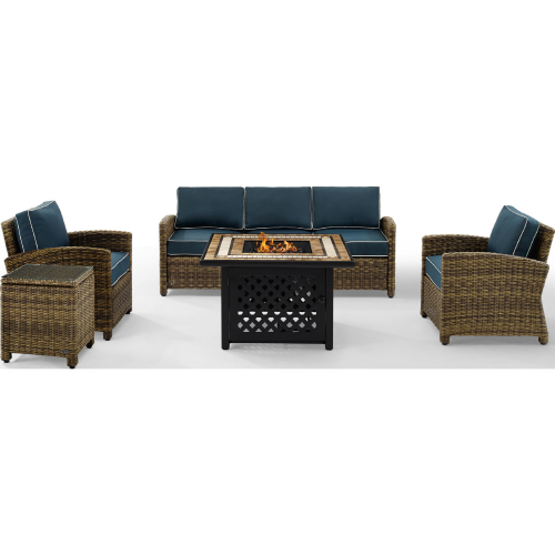 Bradenton 5 Piece Outdoor Sofa Set in Resin Wicker & Navy Blue Cushions