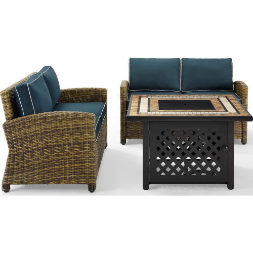 Bradenton 3 PC Outdoor Loveseat w/ Fire Table Set in Resin Wicker & Navy Blue Cushions