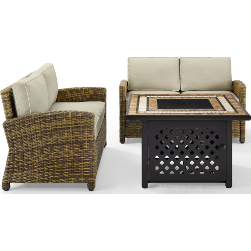 Bradenton 3 PC Outdoor Loveseat with Fire Table Set in Resin Wicker & Sand Cushions