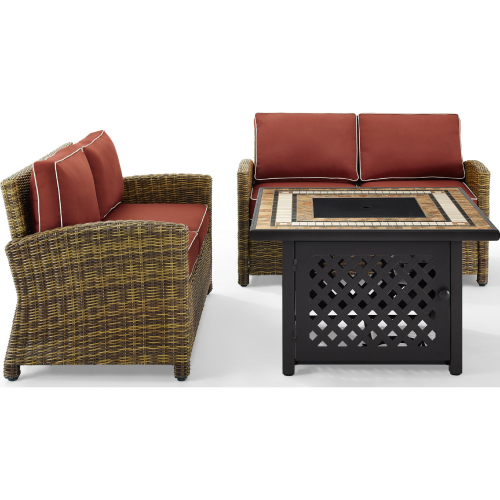 Bradenton 3 PC Outdoor Loveseat w/ Fire Table Set in Resin Wicker & Sangria Cushions