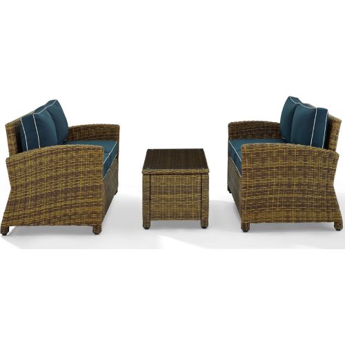 Bradenton 3 Piece Outdoor Loveseat Set in Resin Wicker & Navy Blue Cushions