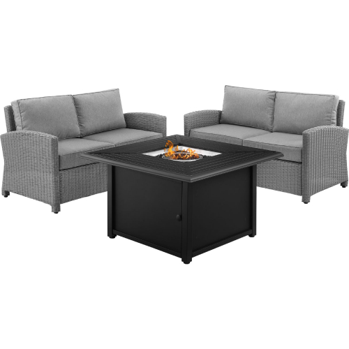 Bradenton 3 Piece Outdoor Loveseat & Fire Table Set in Gray Resin Wicker & Gray Cushions